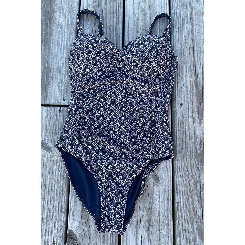Nip Tuck One Piece Swim Suit in Navy and White, Size Medium